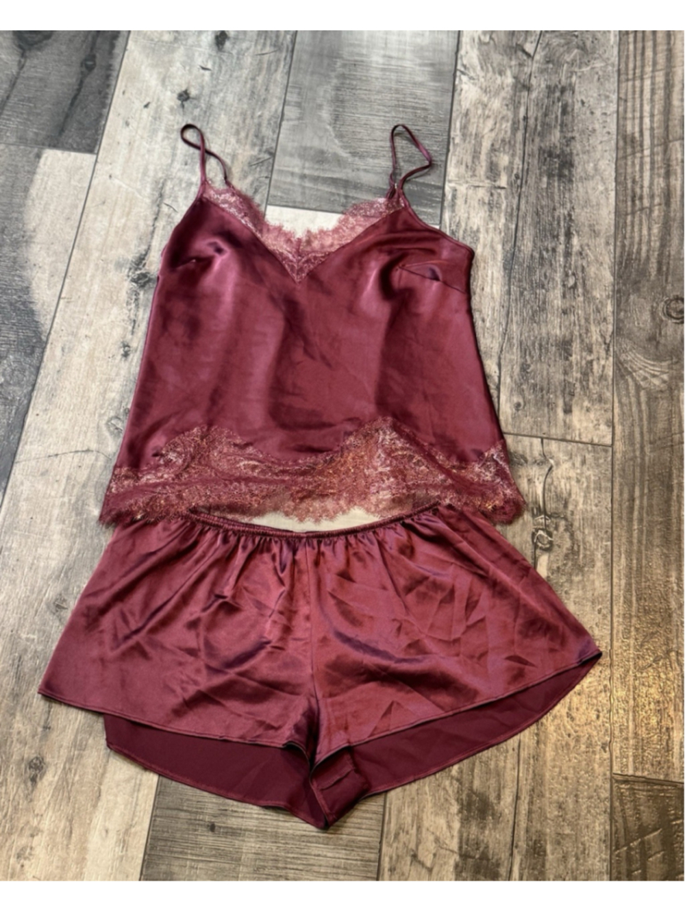 Victoria’s Secret Satin Tank High Cut Shorts Pajama Set Med Burgundy PJ Summer